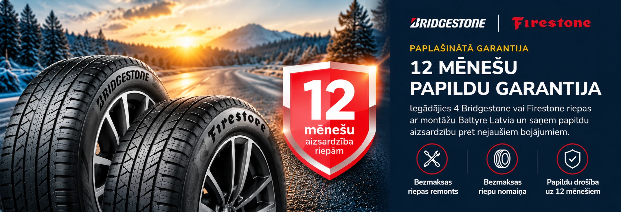 Bridgestone un Firestone riepas ar 12 mēnešu garantijas simbolu