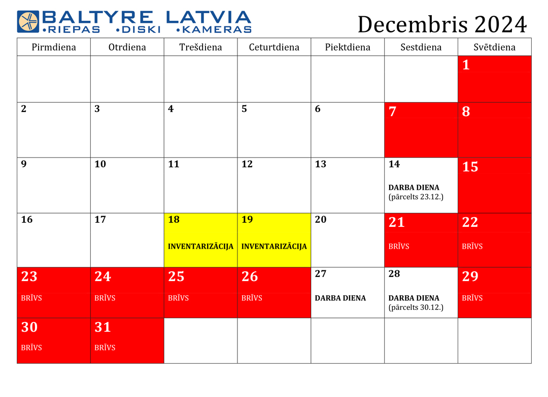 Darba laika izmaiņas decembrī 2024